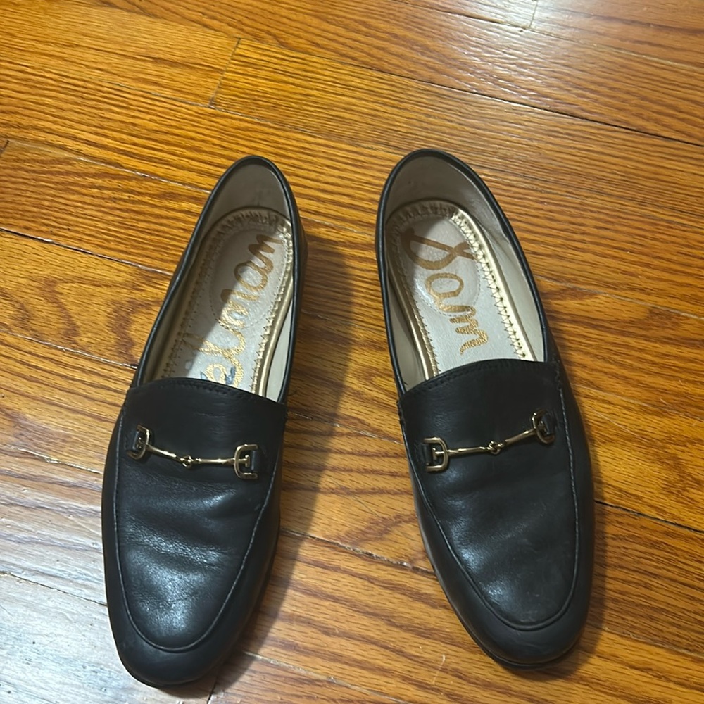 Black moccasins shoes.
